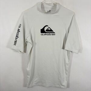 Quiksilver Rash Guard Swim Shirt Mens Size XL White Black Graphics Short Sleeve